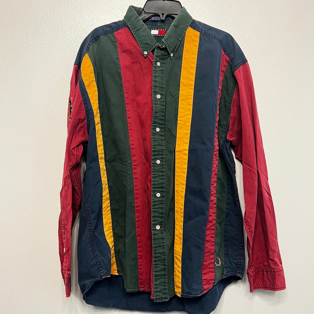 Tommy Hilfiger Mens Colorblock Stripe Button Down Shirt Vintage Crest Navy Red